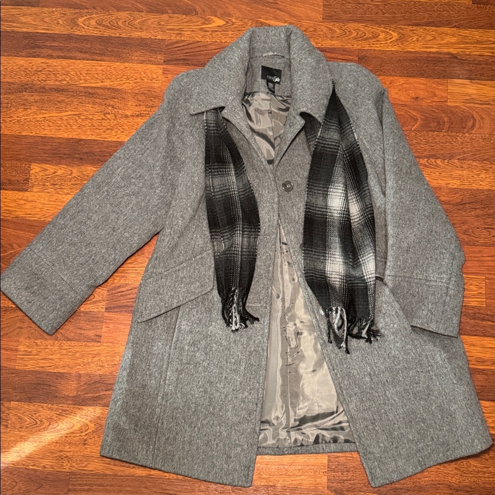 East 5th Gray Pea Coat with Black and White Scarf